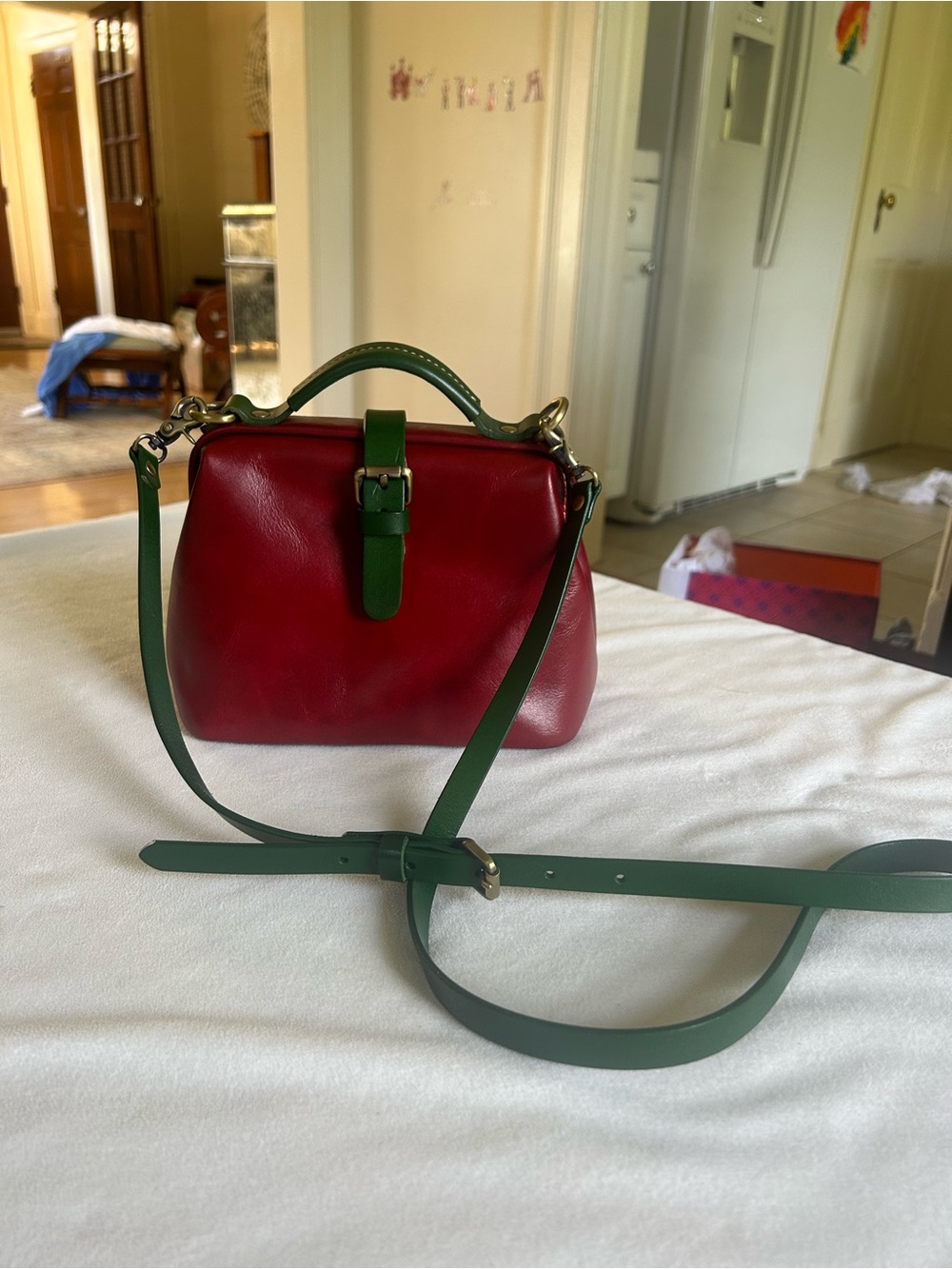 Red Leather Satchel with Green Strap - Classic Top Handle Crossbody
